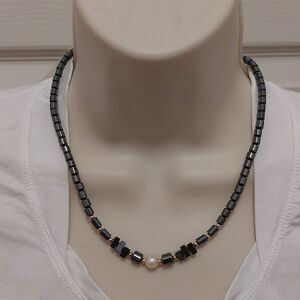 Black Hematite Beads With Faux Pearl Accent Necklace
